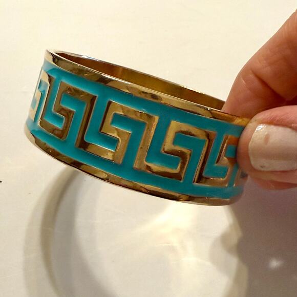 🎉HP!🎉 Lisa Stewart Greek Key Turquoise & Gold Bangle Bracelet - Picture 5 of 9